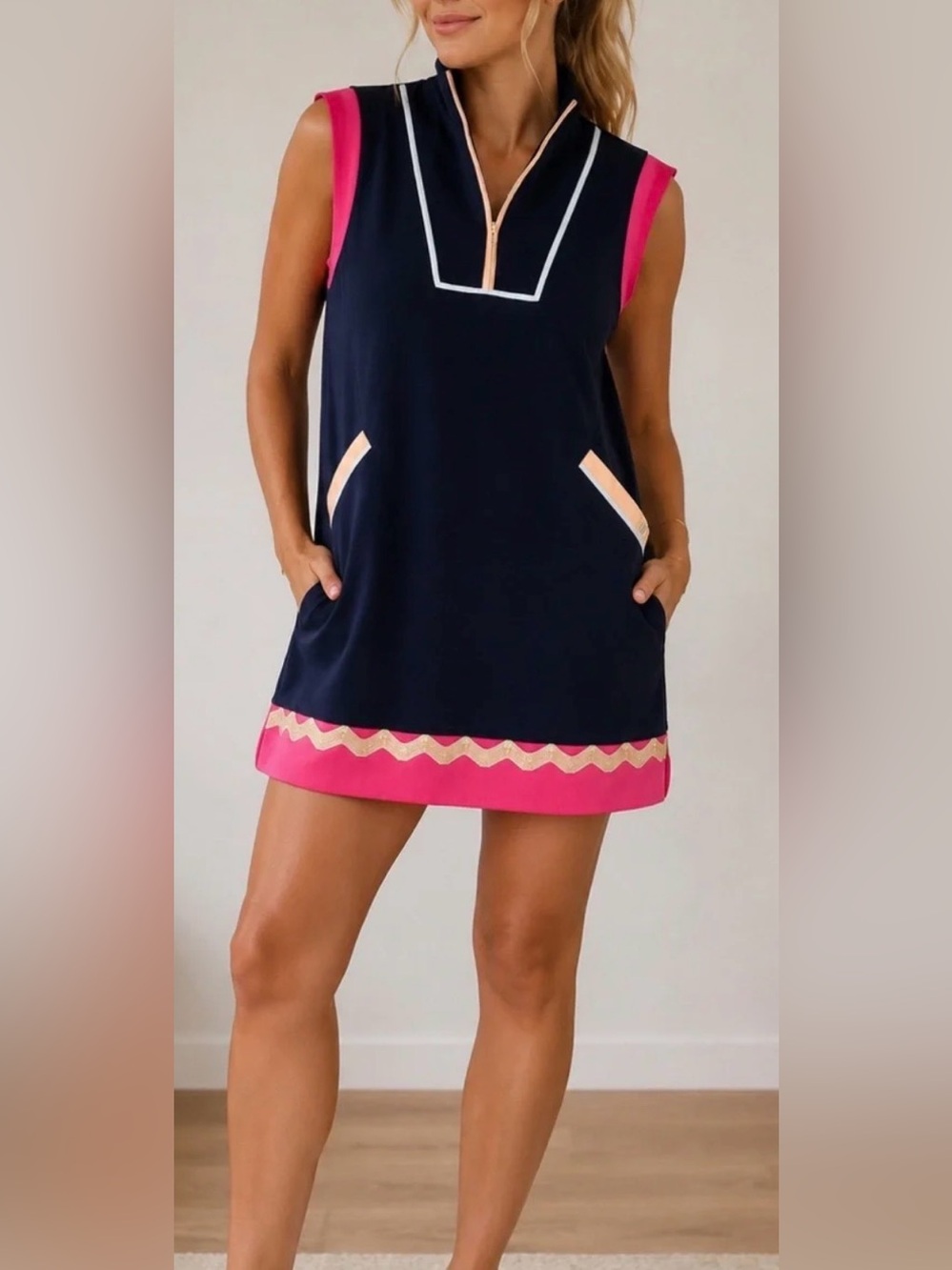 Ladies size large- Simply Southern Navy Sleeveless Dress with Pink and Peach